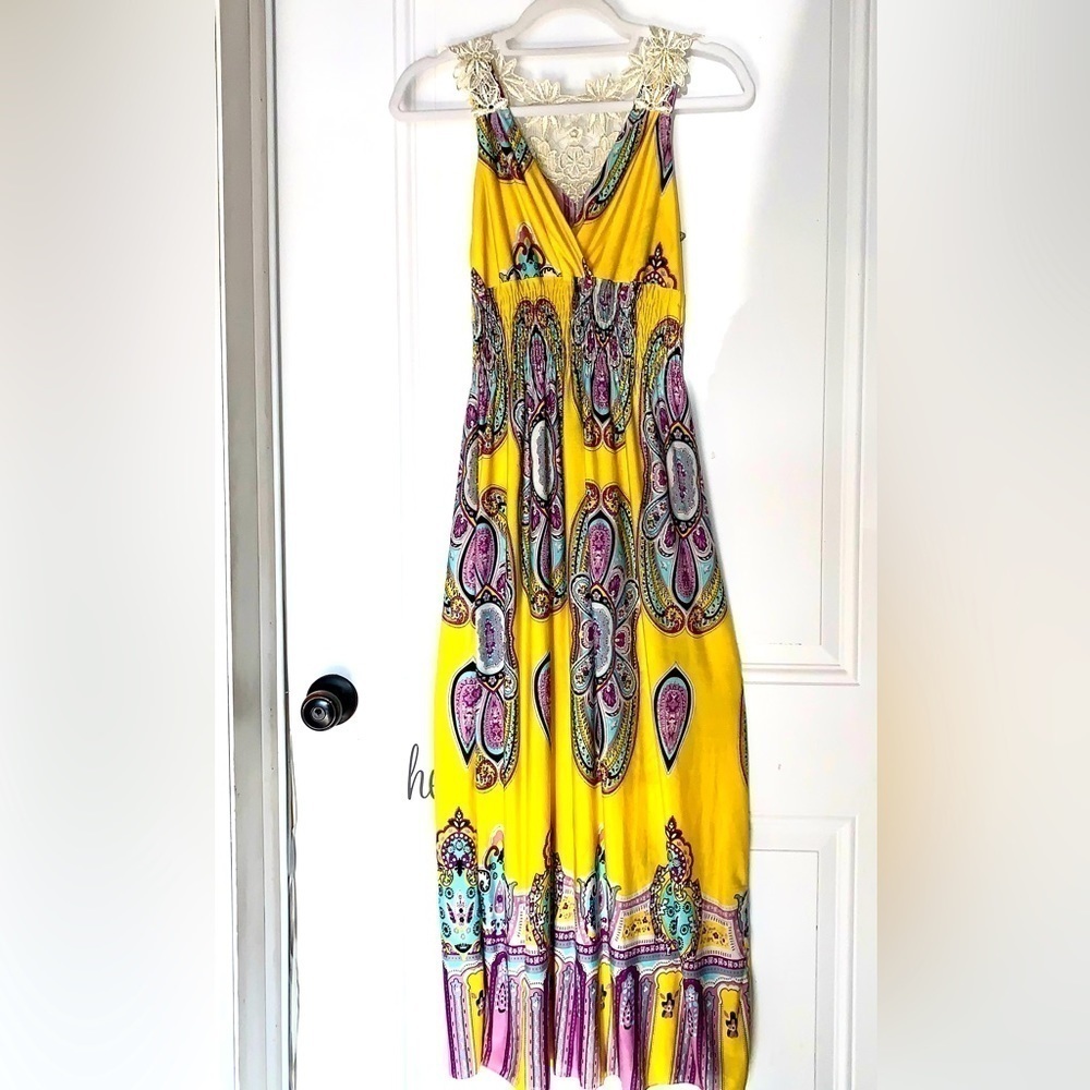 Bright Paisley Maxi Sundress yellow, purple and blue with floral embroidery S